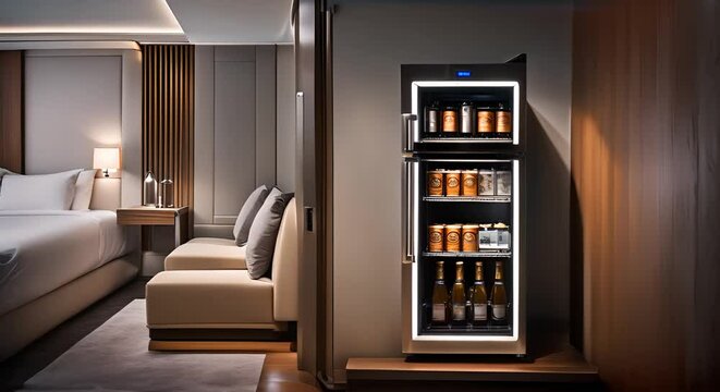 Mini bar in the hotel. Mini bar with drinks in the fridge in a hotel room.