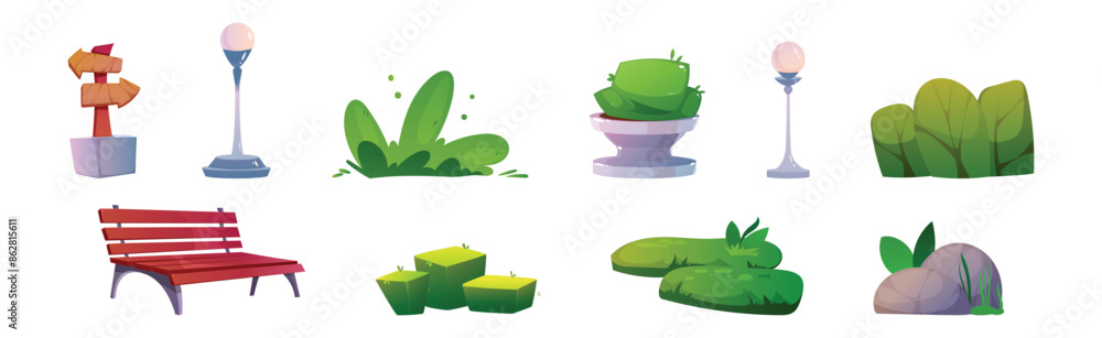 Poster landscape object and element with bench, arrow post, lamp, stone and bush vector set