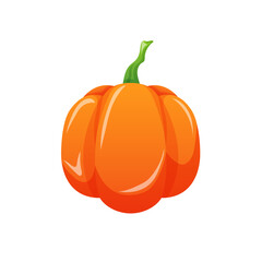Ripe orange pumpkin icon in cartoon. Autumn vegetable harvest, Thanksgiving day, Halloween design. Vector illustration isolated on a white background.