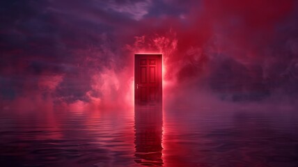 an intriguing red door afloat on a calm lake, enveloped in wisps of red smoke, its reflection casting a perfect image on the water, illuminated by a haunting red light from within