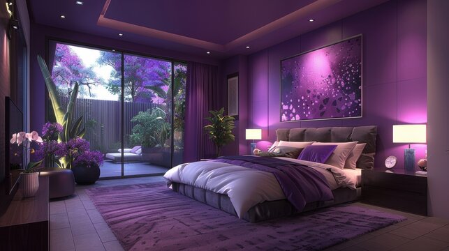 A stylish bedroom featuring a dominant purple palette, with minimalist decor and a clean, modern look. The uncluttered space offers ample room for adding personalized text or graphics.