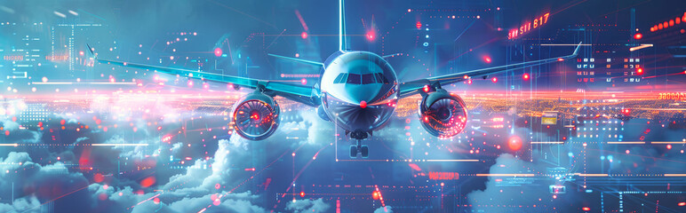 A futuristic airplane flies through a digital sky, bathed in the warm glow of twilight