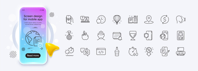 Health app, Wine glass and Dollar exchange line icons for web app. Phone mockup gradient screen. Pack of Scotch bottle, Brain working, Face id pictogram icons. Vector