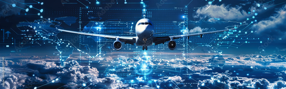 Poster a futuristic plane flies through the clouds, with digital lines and data points surrounding it