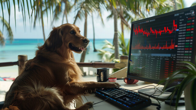 Photograph of a dog at a tropical beach trading cryptocurrencies. Crypto