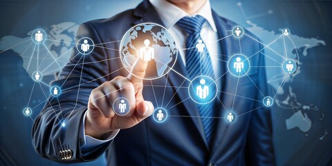 Businessman hand touching icon global network connection on franchise marketing system. Branch of market and customer. Modern technology business.