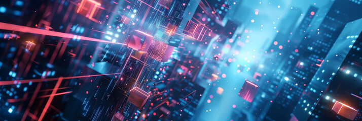 Fototapeta premium Abstract futuristic cyberpunk glass structure. Neon colors 3d energy waves forms. Modern sci-fi design. Futuristic banner background wallpaper cover social media post. Big city. Generative Ai content