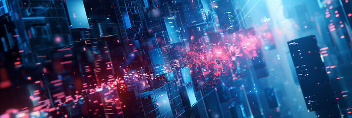 Fototapeta premium Abstract futuristic cyberpunk glass structure. Neon colors 3d energy waves forms. Modern sci-fi design. Futuristic banner background wallpaper cover social media post. Big city. Generative Ai content