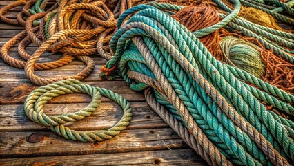 Weathered ropes and worn fishing net entwined on a weathered wooden dock, evoking a sense of rustic maritime nostalgia.