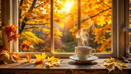 Cozy autumn morning atmosphere with a steaming cup of coffee on a window sill surrounded by warm golden light and foliage.