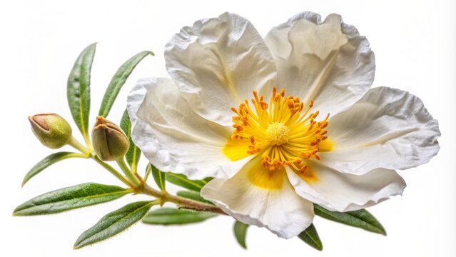 Delicate, creamy white petals of labdanum flower, also known as gum rockrose or cistus ladanifer, isolated on transparent background.