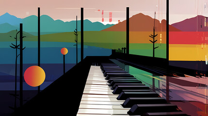 illustration of a musical landscape where the colors shift harmoniously with different tones of a piano keyboard