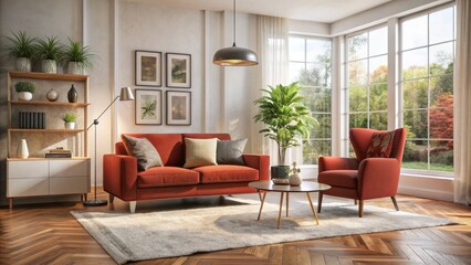 Cluttered living room transforms into serene minimalist oasis featuring red accent chair and plush area rug in warm neutral tones.