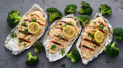 Three grilled chicken breasts with lemon and herbs, wrapped in foil packets, alongside broccoli florets.