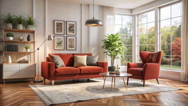 Cluttered living room transforms into serene minimalist oasis featuring red accent chair and plush area rug in warm neutral tones.