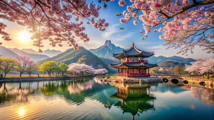 Serenene traditional Korean landscape with majestic mountains, tranquil lake, pagoda, and vibrant cherry blossoms under sunny blue sky.