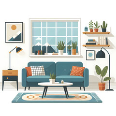 Isolated flat-style illustration of cozy living room interior with sofa and coffee table on wite background.