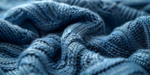 Closeup of intricate blue sweater paired with denim. Concept Fashion Photography, Stylish Outfit, Detailed Clothing Shot, Blue Color Palette, Denim and Sweater Combination