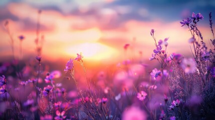 Beautiful panoramic natural landscape with a beautiful bright textured sunset over a field of purple wild grass and flowers. Selective focusing on foreground.