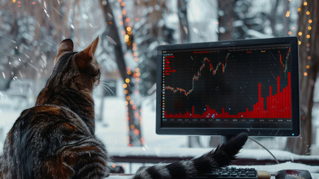 Photograph of a cat in a field full of blooming flowers trading cryptocurrencies. Crypto