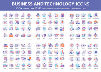 Business, data analysis, organization management and technology icon set. Teamwork, strategy, planning, marketing, cloud technology, data analysis, employee icon set. Icons vector collection	