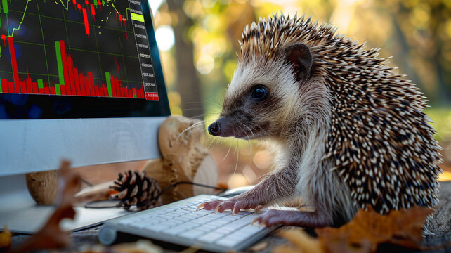Photograph of a hedgehog in a park trading cryptocurrencies. Crypto