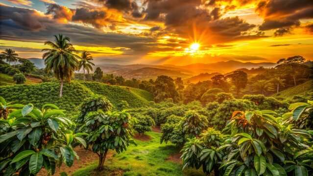 Vibrant orange hues cast upon lush green cocoa trees, set against a warm sky, in Quind?o's picturesque sunset landscape, Colombia.