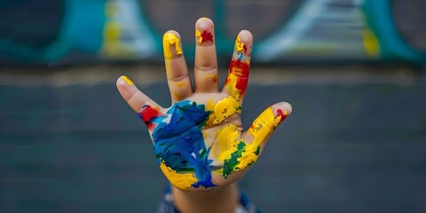 Autistic childs hand on World Autism Awareness Day emphasizing mental health. Concept World Autism Awareness Day, Autism Advocacy, Mental Health Awareness, Child Development, Awareness Campaigns