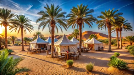 Fototapeta premium Serene desert oasis with row of tents, palm trees, chairs, and dining table under cloudless blue sky exuding peaceful tranquility.