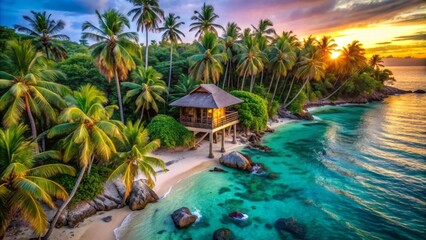 Fototapeta premium Serenely lit palm trees tower above a secluded beachside cabin surrounded by vibrant greenery and turquoise ocean waters.