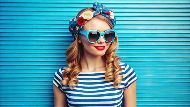 Vibrant blue background with trendy striped patterns, fashionable sunglasses, and stylish hair accessories, exuding summer vibes and youthful energy.