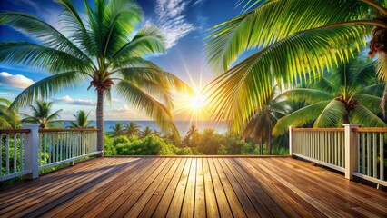Fototapeta premium Vibrant summer ambiance on a wooden balcony patio deck with sunlight, coconut tree panorama, and a house interior mockup background.