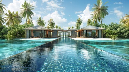 Obraz premium A picturesque tropical resort pool with palm trees and a clear blue sky