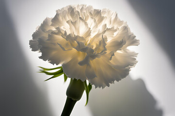 Close-up of an elegant white carnation flower illuminated by soft light, with a shadowed background creating a serene and minimalist atmosphere