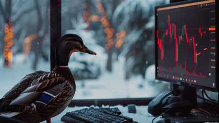 Photograph of a duck at a snowy park in winter trading cryptocurrencies. Crypto