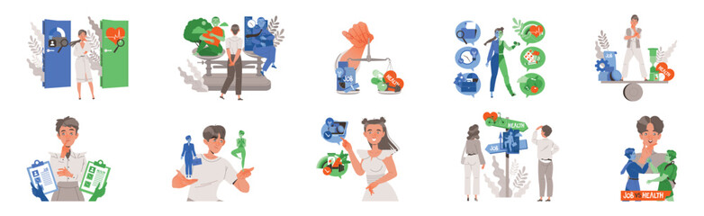 Man and Woman Character Choosing Between Health and Work Having Dilemma Vector Illustration Set