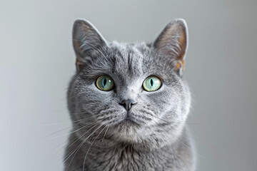 Obraz premium A close-up of a gray cat with striking green eyes, looking directly at the camera. The cat's fur appears soft, and its expression is curious