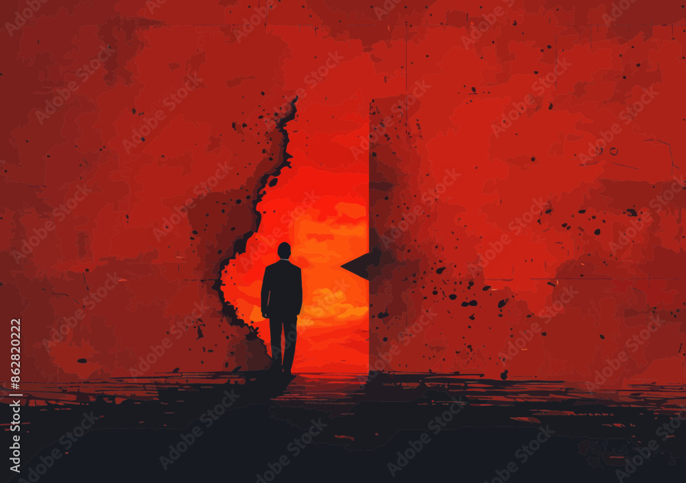 Poster manager staring into downward arrow hole representing project failure in abstract red setting, busin