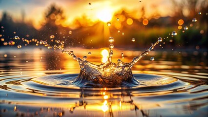 Warm sunlight illuminates a gentle water splash against a soft focus background with subtle droplets and serene natural ambiance.