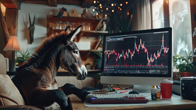 Photograph of a donkey in a livingroom trading cryptocurrencies. Crypto