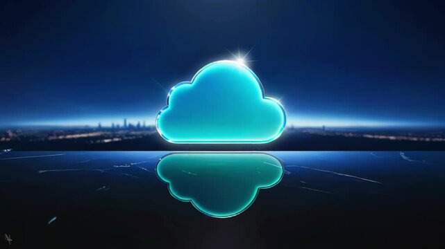 A glowing blue cloud icon is centered over a dark blue background with a cityscape in the distance.