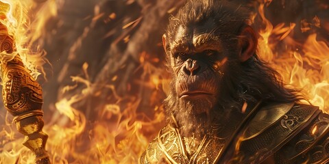 A muscular monkey king with a golden mace stands before a fire goddess. Concept This description is perfect for a "Mythical Creatures" or "Fantasy Art" topic,