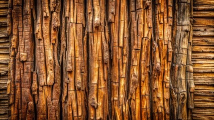Rustic, weathered wooden bark texture with rough, grooved patterns and warm, earthy tones for ideal background and text overlay.