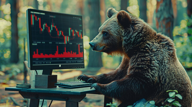 Photograph of a bear in a park trading cryptocurrencies. Crypto