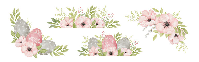 Fototapeta premium Watercolor Happy Easter borders set. Colored eggs and flowers anemone. Religion decor. Design elements. Spring catholic holiday clipart.