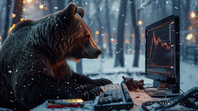 Photograph of a bear at a snowy park in winter trading cryptocurrencies. Crypto