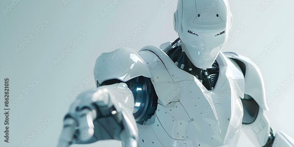 Poster enhanced human input guiding advanced white robot. concept human-robot interaction, advanced robotic