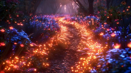 Fototapeta premium Glowing Flowers Along a Forest Path at Dusk