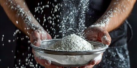Closeup of hands sifting flour through sieve emphasizing precision in baking prep. Concept Macro Photography, Food Styling, Baking Essentials, Visual storytelling