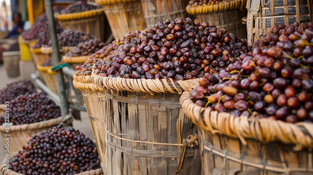 Poster a basket of grapes is displayed in front of a basket of apples